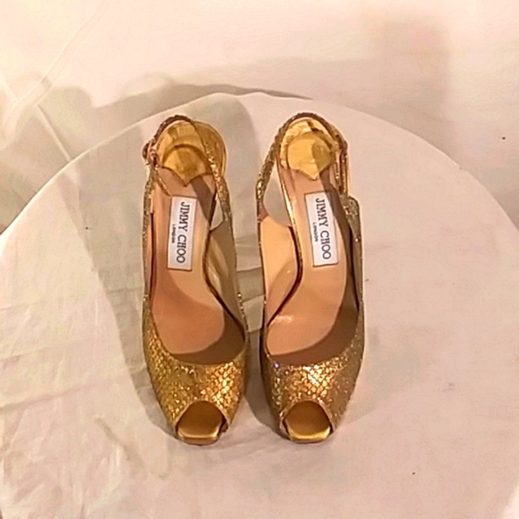 🔥🔥Jimmy Choo London Metallic Elaphe Gold Peep Toe Platform Heels - Picture 9 of 13